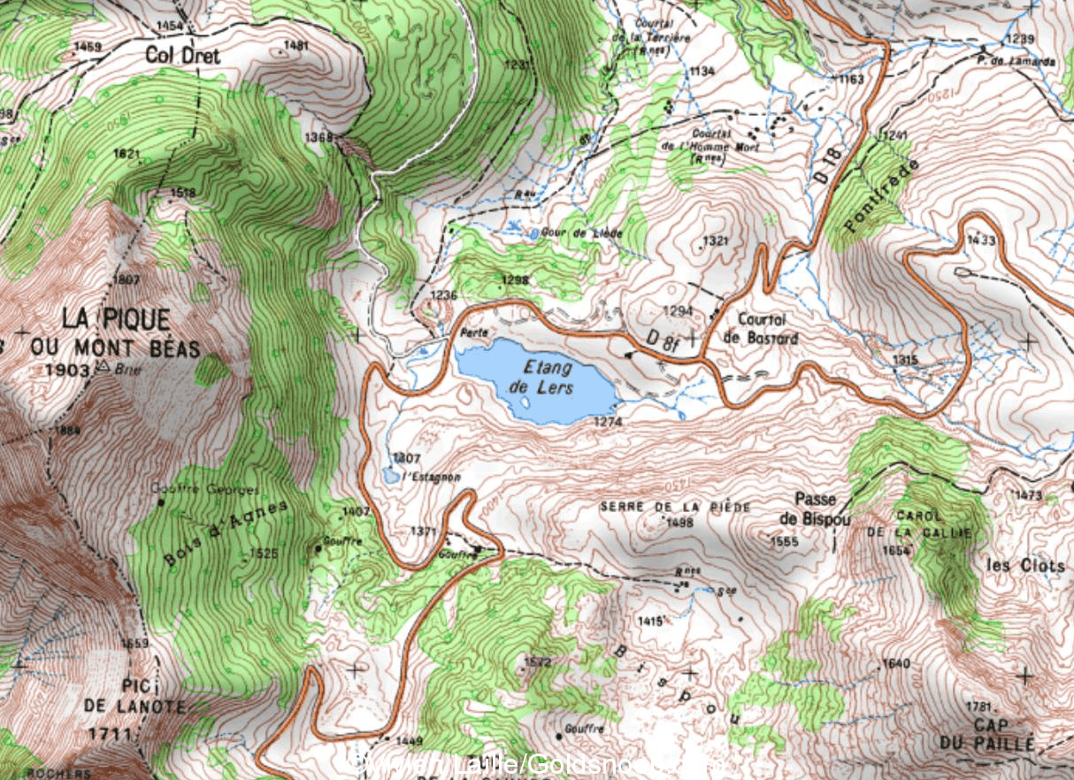 Site de Lherzolite, roche Pérodotique ; étang de Lers, IGN
