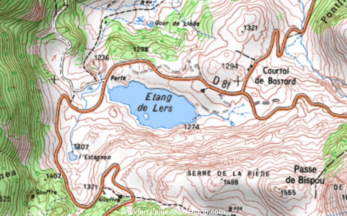 Site de Lherzolite, roche Pérodotique ; étang de Lers, IGN