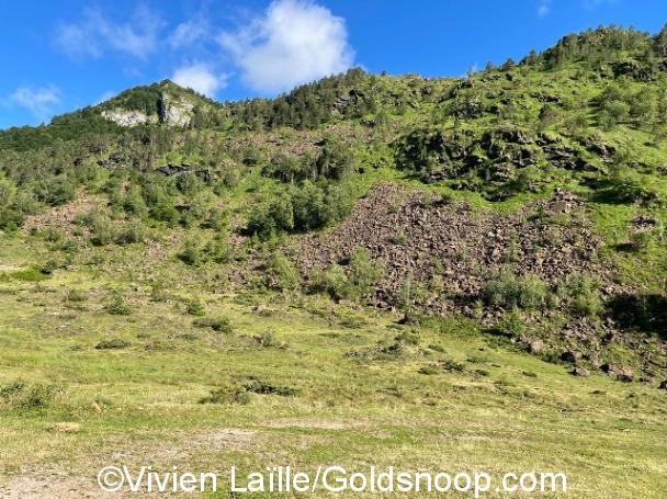 Blocs de Lherzolite agglomérés en éboulis, sur le flanc de la montagne, à proximité de l'étant de Lers.